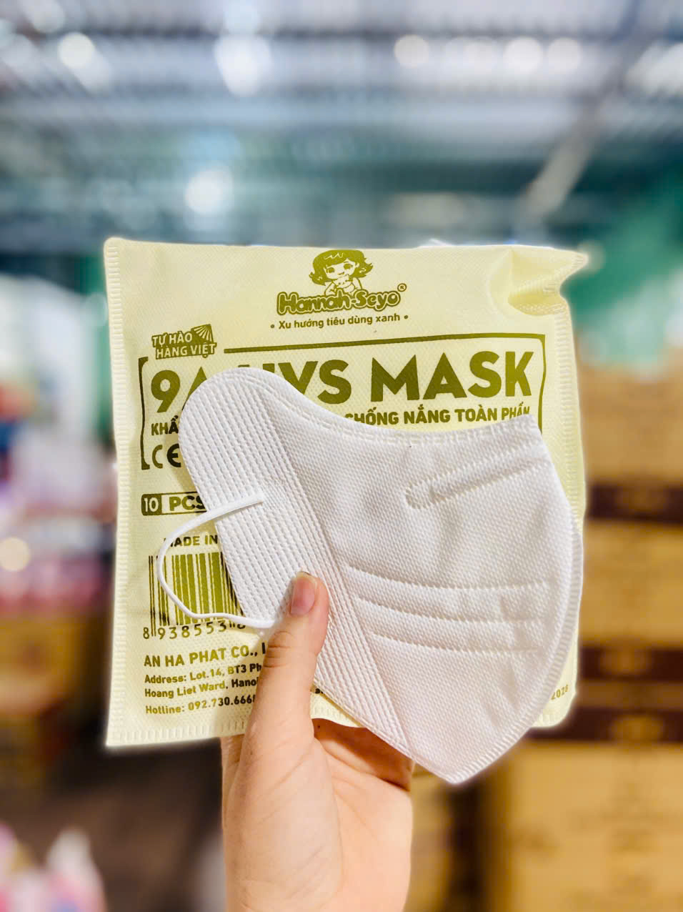 .Khẩu trang 9A Hannah Seyo - 5 lớp - Che phủ cao, chống tia uv MÀU TRẮNG