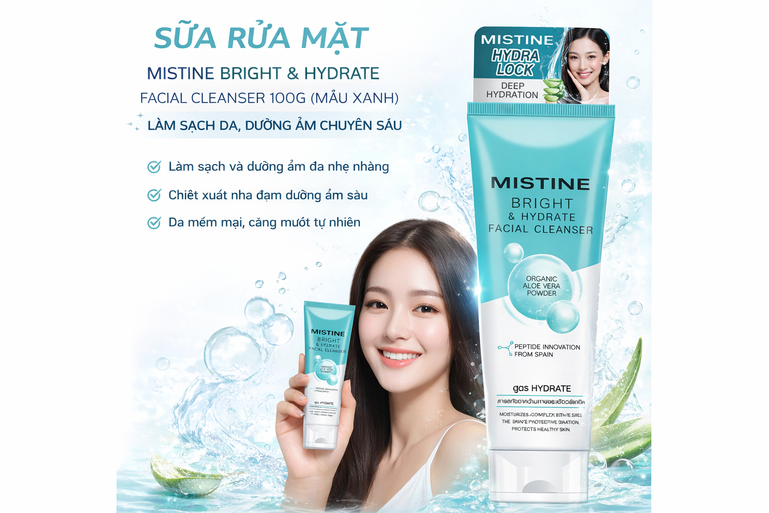 SỮA RỬA MẶT MISTINE BRIGHT & hydrate FACIAL CLEANSER 100G MÀU XANH - Ảnh 2